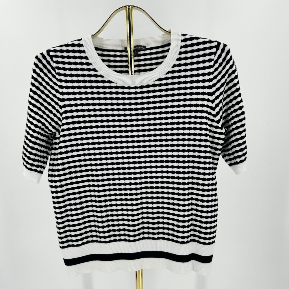 Adrianna Papell Womens Black White Striped Short Sleeve Knit Top Medium